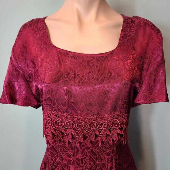 Vintage 90s Dress Floral Brocade Satin 3D Rose Lace Red Gilded Age Holiday Large - Picture 10 of 11